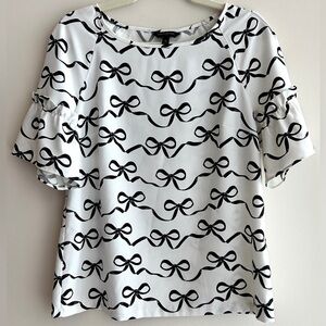 Banana Republic Ribbons and Bows Ruffle Sleeve Blouse, Black/White, Size Medium
